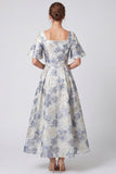 Robe Maxi fleurie A-line Dust Blue Jacquard à col carré à manches courtes