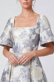 Robe Maxi fleurie A-line Dust Blue Jacquard à col carré à manches courtes