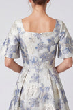 Robe Maxi fleurie A-line Dust Blue Jacquard à col carré à manches courtes
