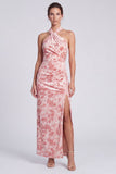 Robe à fêtes en velours sirène rose à col nu et col nu, longue robe florale