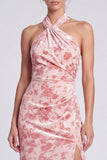 Robe à fêtes en velours sirène rose à col nu et col nu, longue robe florale