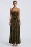 Longue robe formelle longue à col nu en A-line en velours olive,