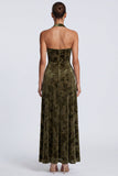 Longue robe formelle longue à col nu en A-line en velours olive,