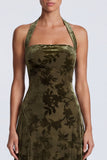 Longue robe formelle longue à col nu en A-line en velours olive,