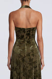 Longue robe formelle longue à col nu en A-line en velours olive,