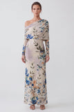 Ivoire robe longue formelle à manches longues en sirène florale à une épaule
