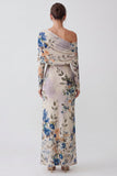 Ivoire robe longue formelle à manches longues en sirène florale à une épaule