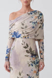 Ivoire robe longue formelle à manches longues en sirène florale à une épaule