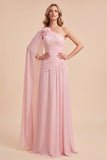 Robe Maxi en chiffon en mousseline froncée rose pâle avec une épaule