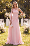 Robe Maxi en chiffon en mousseline froncée rose pâle avec une épaule