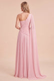 Robe Maxi en chiffon en mousseline froncée rose pâle avec une épaule