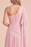 Robe Maxi en chiffon en mousseline froncée rose pâle avec une épaule