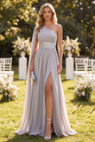 Robe Maxi en mousseline gris clair à une épaule avec fente