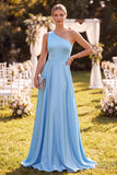 Robe Maxi en satin à une épaule bleu ciel