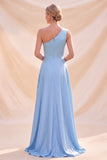 Robe Maxi en satin à une épaule bleu ciel