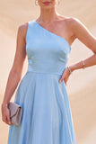 Robe Maxi en satin à une épaule bleu ciel