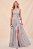 Robe Maxi à paillettes gris clair à col nu avec fente