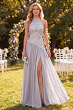 Robe Maxi à paillettes gris clair à col nu avec fente