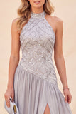 Robe Maxi à paillettes gris clair à col nu avec fente