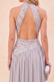 Robe Maxi à paillettes gris clair à col nu avec fente
