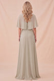 Robe maskinskine en chiffon taupe à col rond à col rond avec ceinture