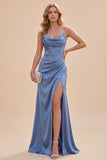 Robe Maxi à bretelles fines en satin en satin ardoise bleu ardoise avec fente