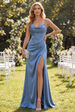 Robe Maxi à bretelles fines en satin en satin ardoise bleu ardoise avec fente