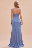 Robe Maxi à bretelles fines en satin en satin ardoise bleu ardoise avec fente