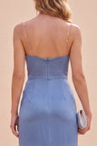 Robe Maxi à bretelles fines en satin en satin ardoise bleu ardoise avec fente