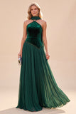 Robe Maxi plissée vert foncé à col nu