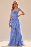Robe maxi bleue A-Line à col carré avec volants