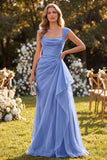 Robe maxi bleue A-Line à col carré avec volants