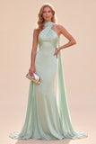 Robe Maxi à col halter vert satin vert menthe sirène avec écharpe