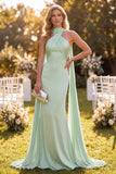 Robe Maxi à col halter vert satin vert menthe sirène avec écharpe