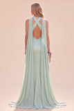 Robe Maxi à col halter vert satin vert menthe sirène avec écharpe