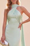 Robe Maxi à col halter vert satin vert menthe sirène avec écharpe