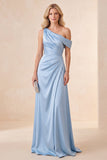 Robe Maxi bleu ciel à une épaule en satin fronceté