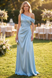 Robe Maxi bleu ciel à une épaule en satin fronceté