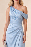 Robe Maxi bleu ciel à une épaule en satin fronceté