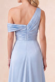 Robe Maxi bleu ciel à une épaule en satin fronceté