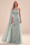 Robe Maxi en mousseline en mousseline A à une épaule vert menthe avec cape