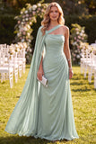 Robe Maxi en mousseline en mousseline A à une épaule vert menthe avec cape