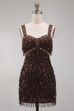 Robe courte de bal de fin d’année marron avec paillettes mouillantes à franges