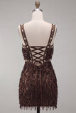 Robe courte de bal de fin d’année marron avec paillettes mouillantes à franges