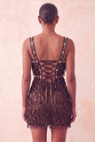 Robe courte de bal de fin d’année marron avec paillettes mouillantes à franges