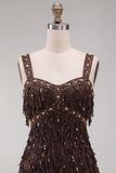 Robe courte de bal de fin d’année marron avec paillettes mouillantes à franges