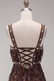 Robe courte de bal de fin d’année marron avec paillettes mouillantes à franges