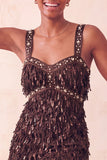Robe courte de bal de fin d’année marron avec paillettes mouillantes à franges