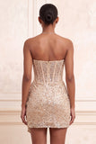 Champagne scintillant, corset body-con sans bretelles bodycon, corset court Homecoming avec ceinture