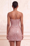 Champagne scintillant, corset body-con sans bretelles bodycon, corset court Homecoming avec ceinture